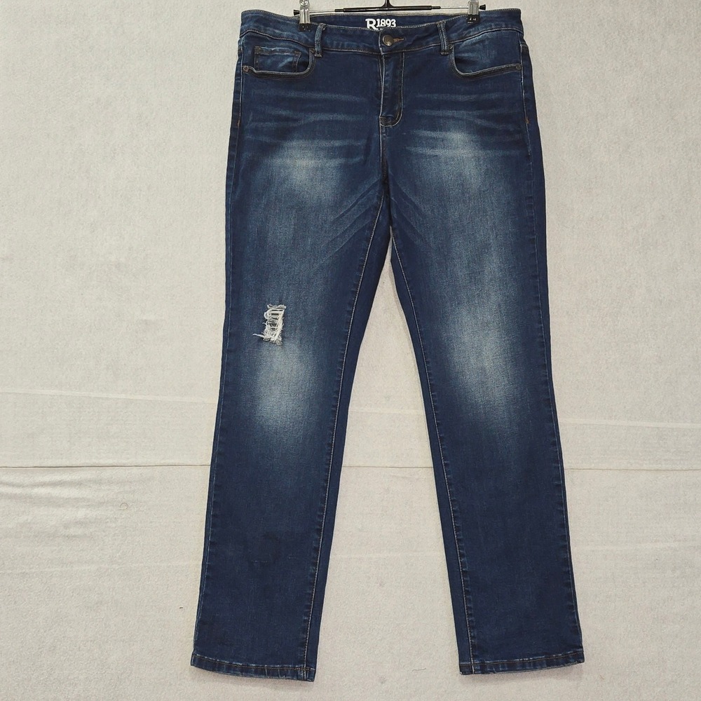 R1893 Womens Size 14 Distressed Straight Leg Jeans Dark Wash Stretch Denim B349